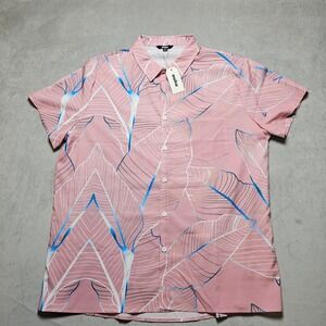 Ouku Men XXL Pink Tropical Palm Leaf Print Short Sleeve Button Down Shirt NWT